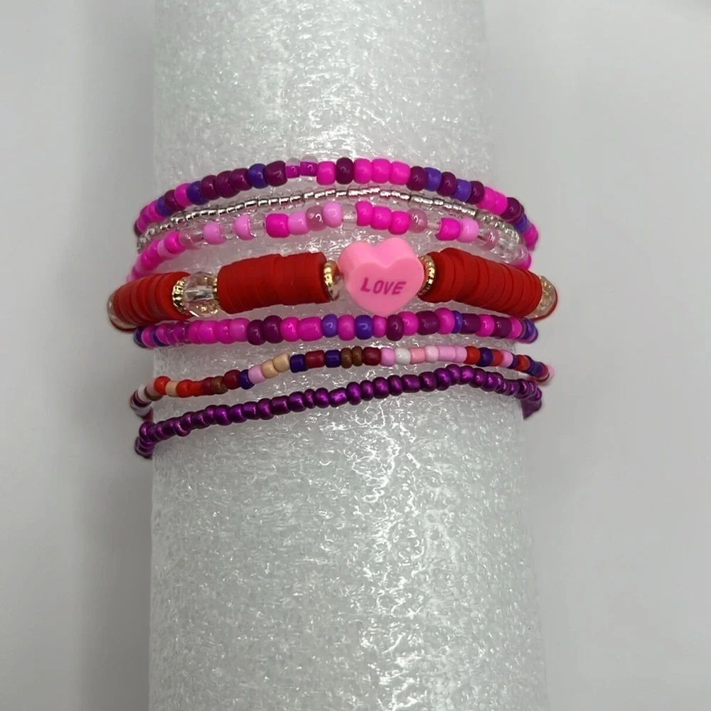 Beaded Heart Bracelet Stack Festive Stackable Jewelry